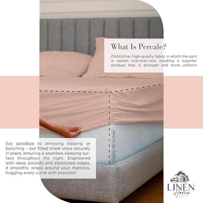 Linen Home 100% Cotton Percale Sheets Queen Size, Brushed Rose, Deep Pocket - Image 4