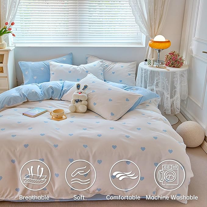 BOLINLIVING Cute Duvet Cover Full Size, Reversible Light Blue & White Heart - Image 3