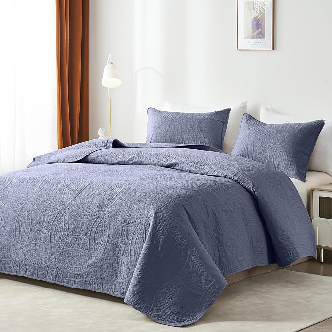 akkialla King Size Quilt Set, Bluish Grey Ultrasonic Bedspread, Lightweight - Image 2