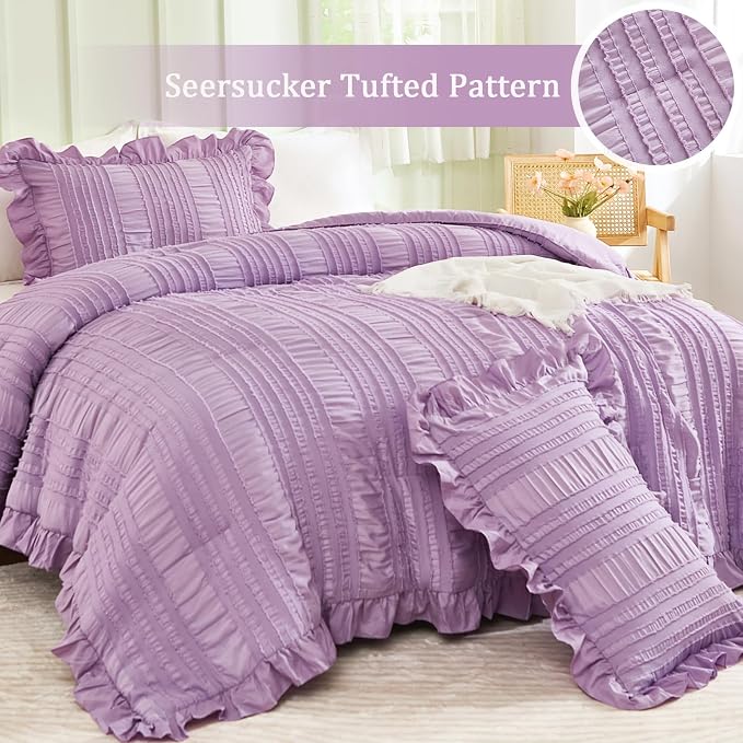WONGS BEDDING Purple Comforter Set Queen, 3 Pieces Ruffle Farmhouse Shabby Chic - Image 2