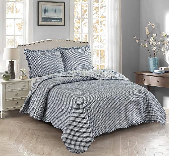 Brilliant Sunshine Blue Toile in Beige and Ivory Patches, 3-Piece Quilt Set - Image 2