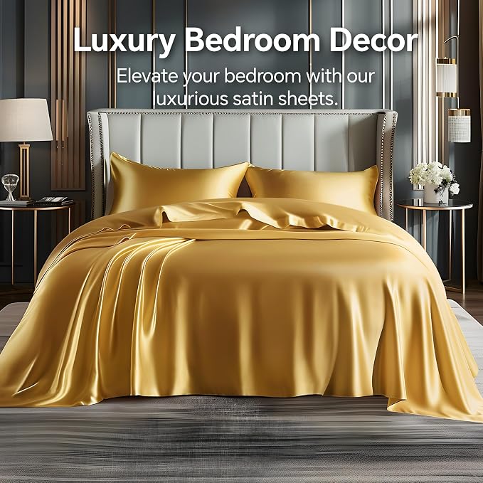 BEDELITE King Size Sheets Set, Luxury Soft Gold Satin Sheets - Image 2