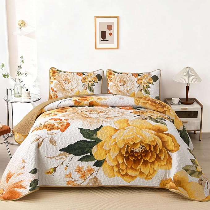 WONGS BEDDING Yellow Floral Quilt Set King, 3 Pieces Reversible Lightweight by WONGSBEDDING