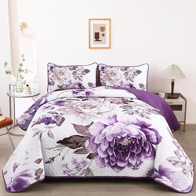 WONGS BEDDING Floral Quilt Set Purple Full, Quilted Printed Lightweight by WONGSBEDDING