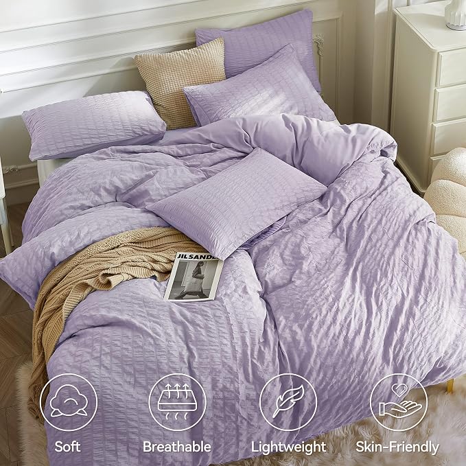 JELLYMONI Light Purple Duvet Cover King Size, Soft Breathable Seersucker Duvet - Image 2