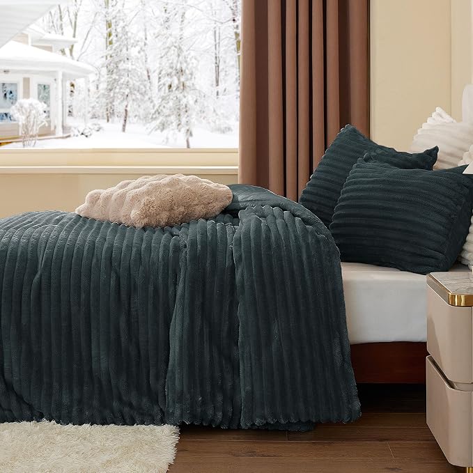 BEDELITE Fleece King Comforter Set -Super Soft & Warm Fluffy Dark Grey Bedding - Image 4
