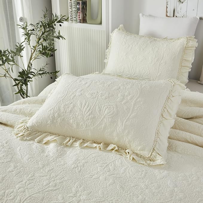 Brandream Cream Yellow White Quilt Set Queen Size Cotton Matelasse Bedding - Image 3