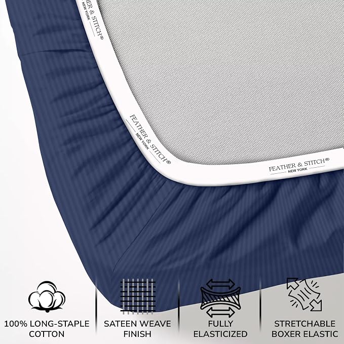 Feather & Stitch 1 Piece Fitted Sheet Twin Size, 100% Cotton Damask Sateen Weave - Image 2