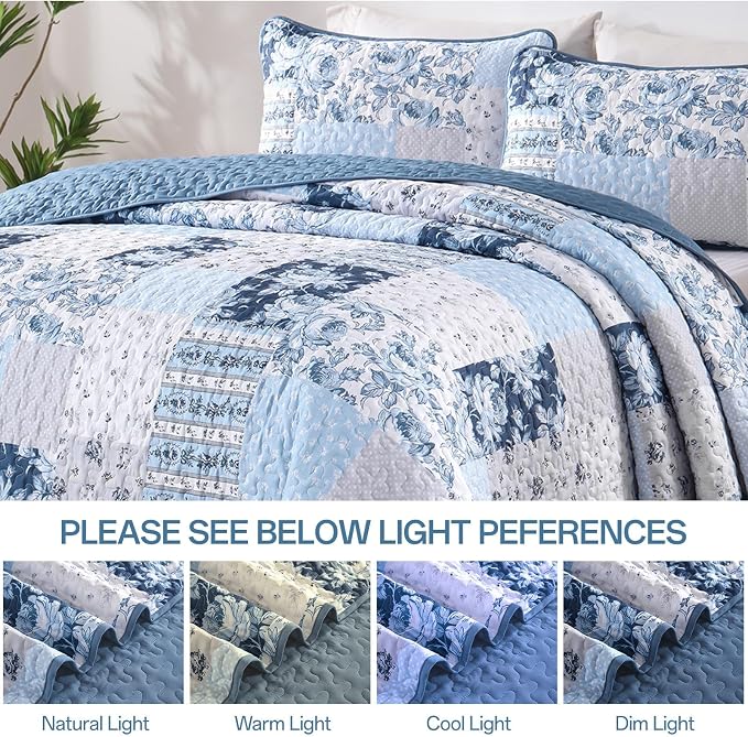 Anibedding Blue Patchwork Quilt Set King Size Boho Floral Plaid Bedspread - Image 6