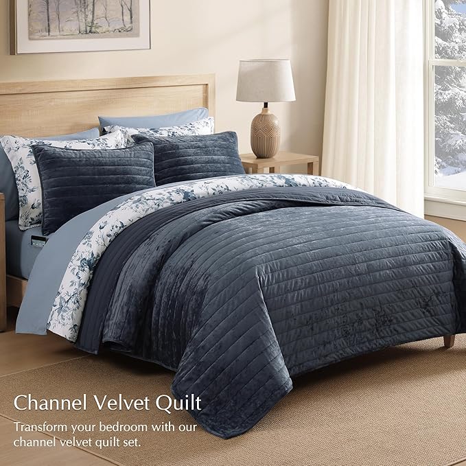 WRENSONGE Velvet Queen Quilt Set-3 Pieces Blue Grey Luxurious Velvet Striped - Image 2