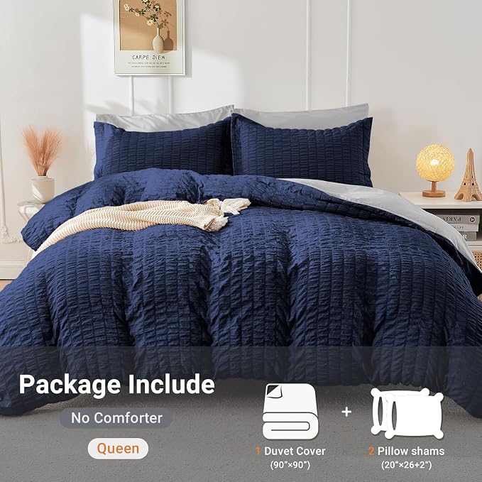 HYMOKEGE Navy Blue/Light Grey Duvet Cover Full Size, Ultra Soft 3-Piece - Image 5
