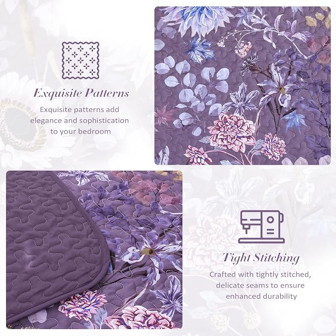 Yiran Purple Quilt Set Queen Size, Floral Bedspreads Bedding Set, 3 Pieces - Image 5