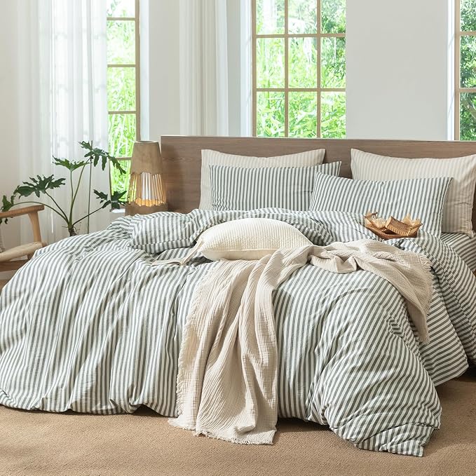 MooMee Striped Duvet Cover Set 100% Washed Cotton Linen Like Textured - Image 6