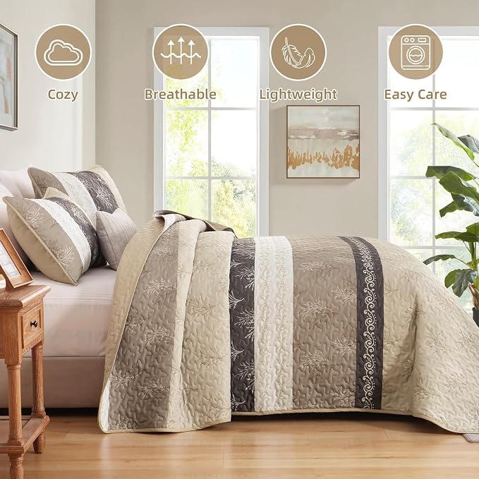 DJY Beige Quilt Set Queen Size Striped Bedspread Coverlet Set 3 Pieces Boho - Image 4