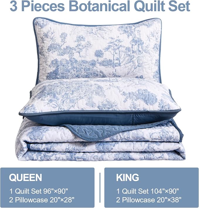 WONGS BEDDING Blue Quilt Set King Size, 3 Pieces Botanical Bedspreads Set - Image 4