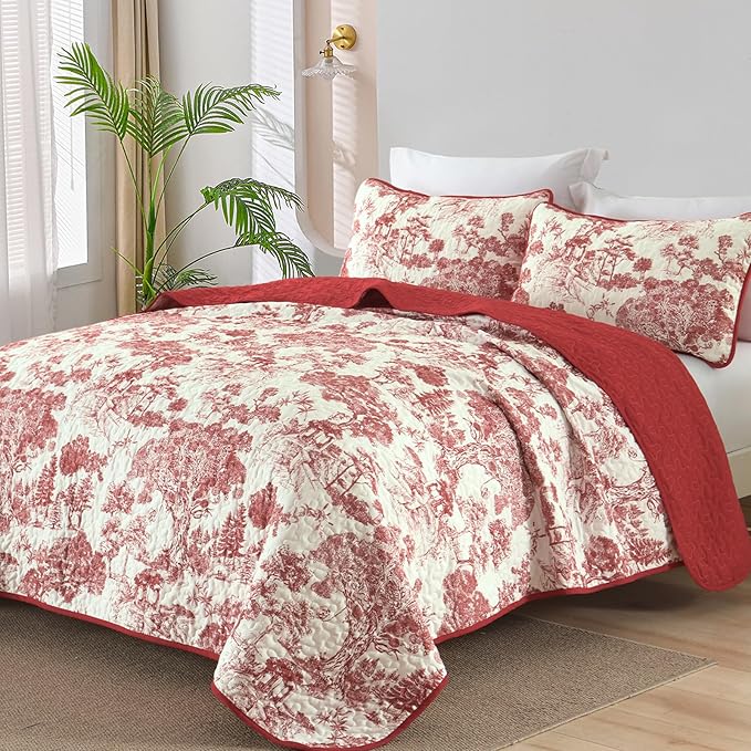WONGS BEDDING Botanical Quilt Set King Size, Christmas Red 3 Pieces Floral by WONGSBEDDING