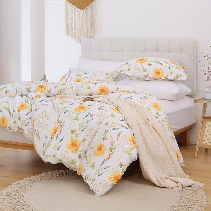 JSD Yellow Floral Duvet Cover Set Queen Size, 3 Piece Spring Printed Microfiber by JSD
