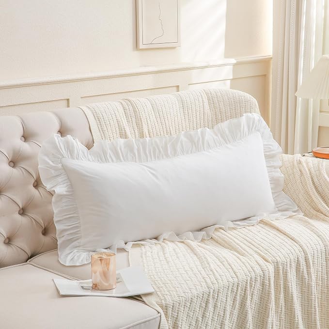 14x36 inches Off White Ruffled Lumbar Pillow Cover 1 Piece, Pure Washed Cotton - Image 4
