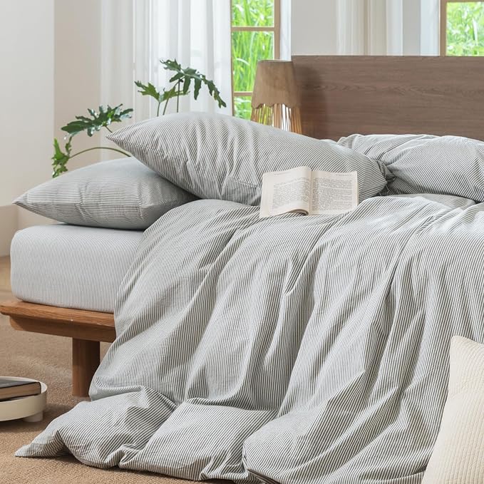MooMee Striped Duvet Cover Set 100% Washed Cotton Linen Like Textured - Image 6