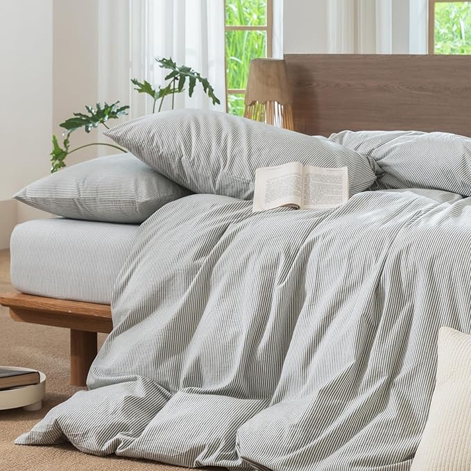 MooMee Striped Duvet Cover Set 100% Washed Cotton Linen Like Textured - Image 5