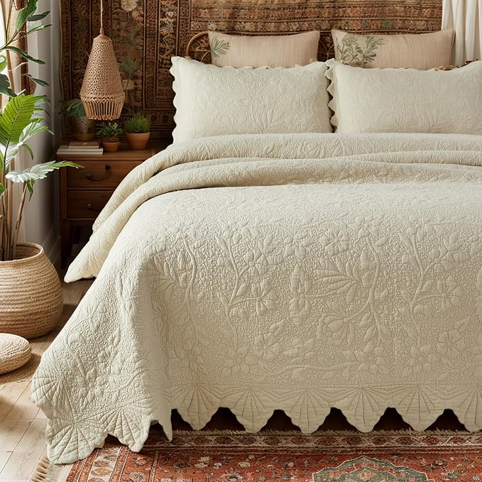 Brandream Queen Size Quilt Set Cotton Beige Quilts Luxury Farmhouse Bedding Set by Brandream