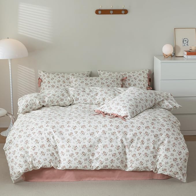mixinni Vintage Style Girls Pale Pink Flower Pattern Duvet Cover Queen Soft - Image 2