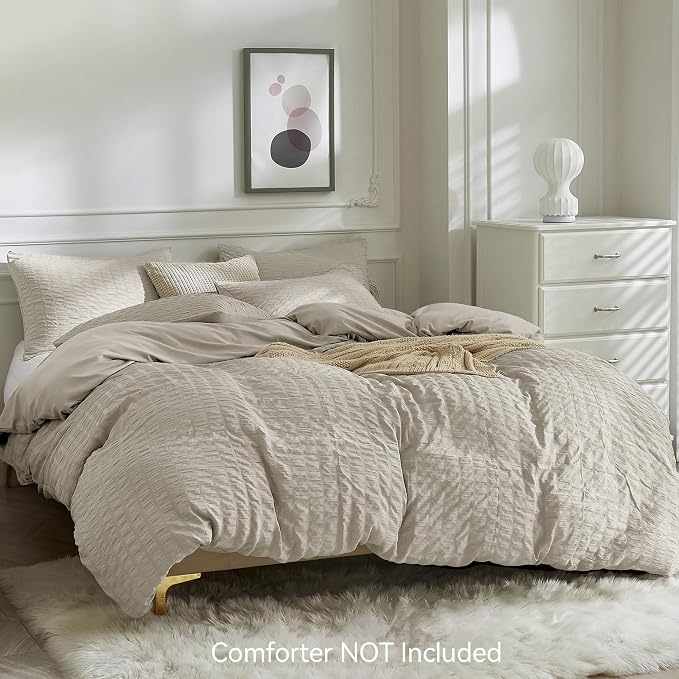JELLYMONI Beige Duvet Cover Queen Size, Soft Breathable Seersucker Duvet Cover - Image 2