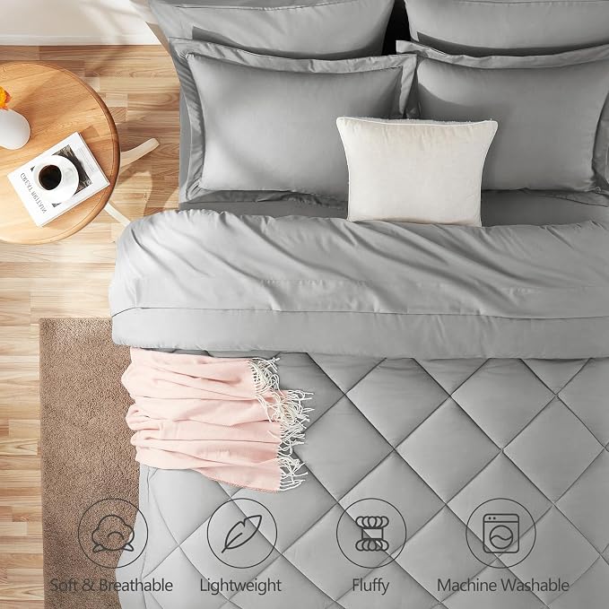 CozyLux Oversized King Comforter Set Light Grey, 7 Pieces Bed in a Bag - Image 2