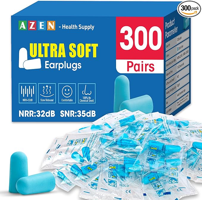AZEN 300 Pairs Ear Plugs, NRR 32dB Soft Foam Ear Plugs by AZEN