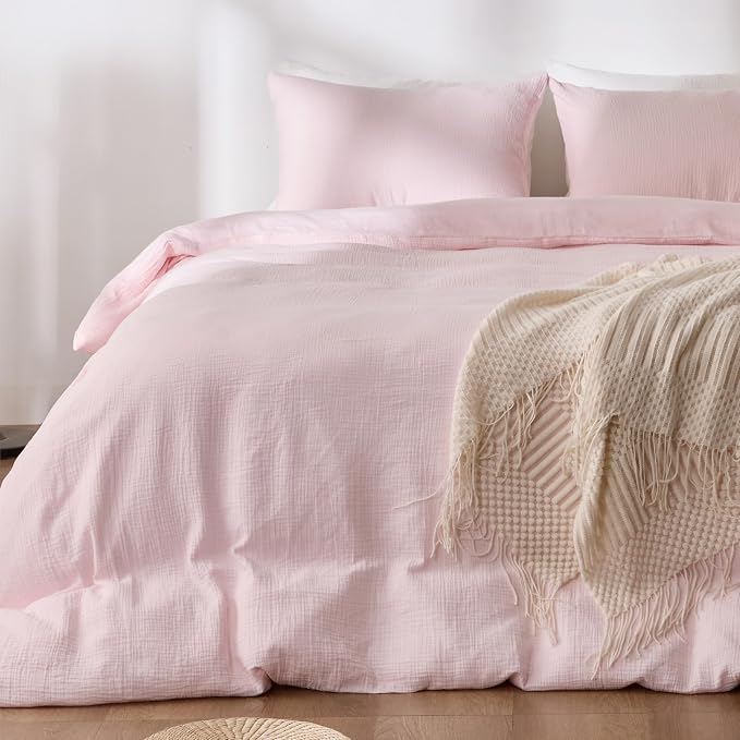 Pink Duvet Cover Queen Size, 100% Sandwashed Cotton Soft Queen Duvet Cover Set by Unknown