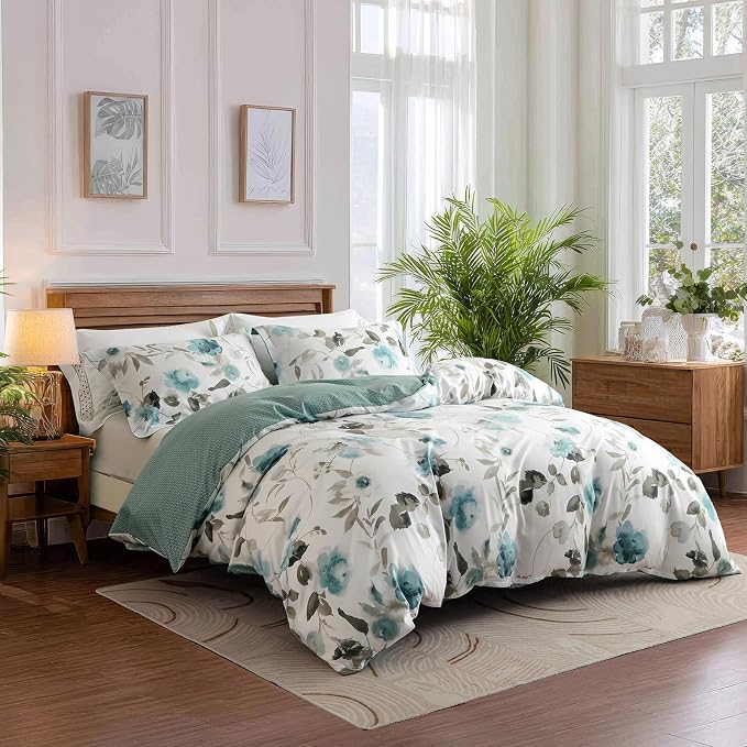 OAITE Duvet Cover King Size, Reversible Green Ink wash Flower White Duvet Cover - Image 2