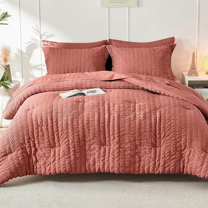 HYMOKEGE Coral King Size Comforter Set Seersucker 7 Pieces, All Season Luxury - Image 9