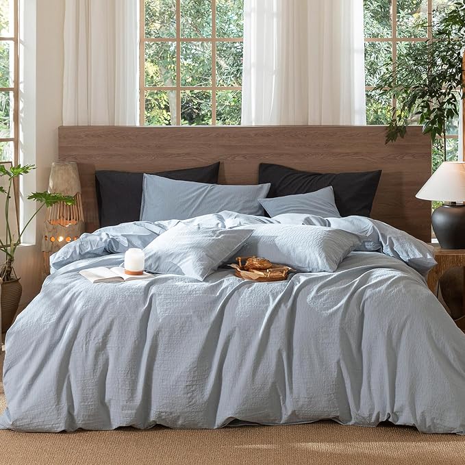 MooMee Wavy Striped Duvet Cover Set 100% Washed Cotton Linen Like Textured by MOOMEE