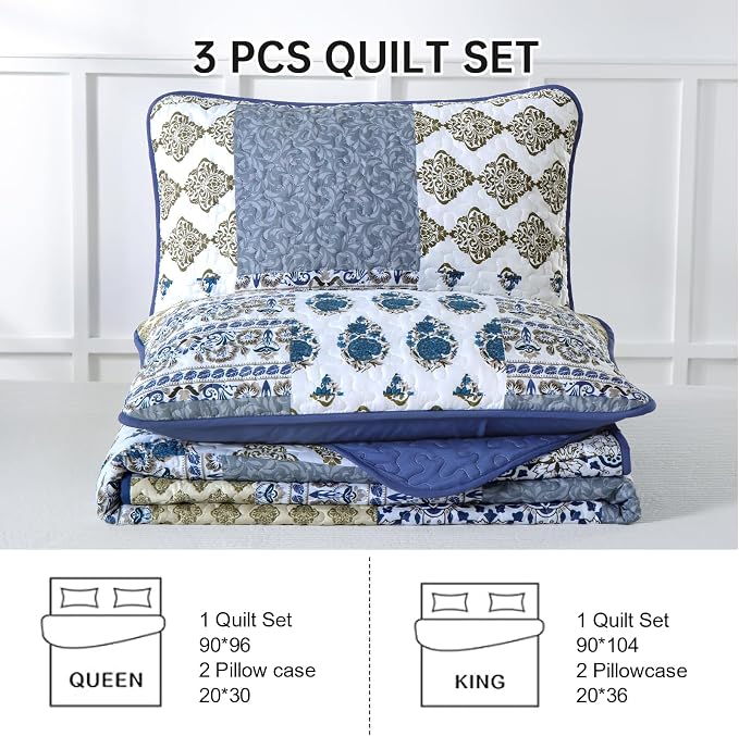 Mybedsoul Blue Quilt Set King Size 3 Pieces Boho Plaid Aqua Blue Floral - Image 7