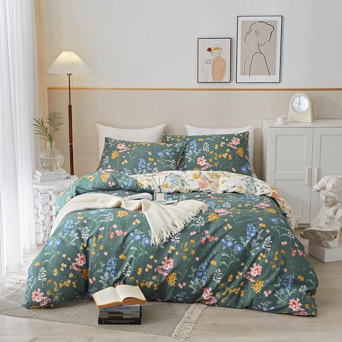PinkMemory Green and White Floral Duvet Cover King 100% Cotton Reversible Green by PinkMemory