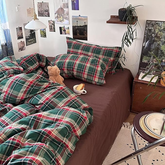 mixinni Vintage Green Buffalo Plaid Washed Cotton Duvet Cover Queen - Image 5