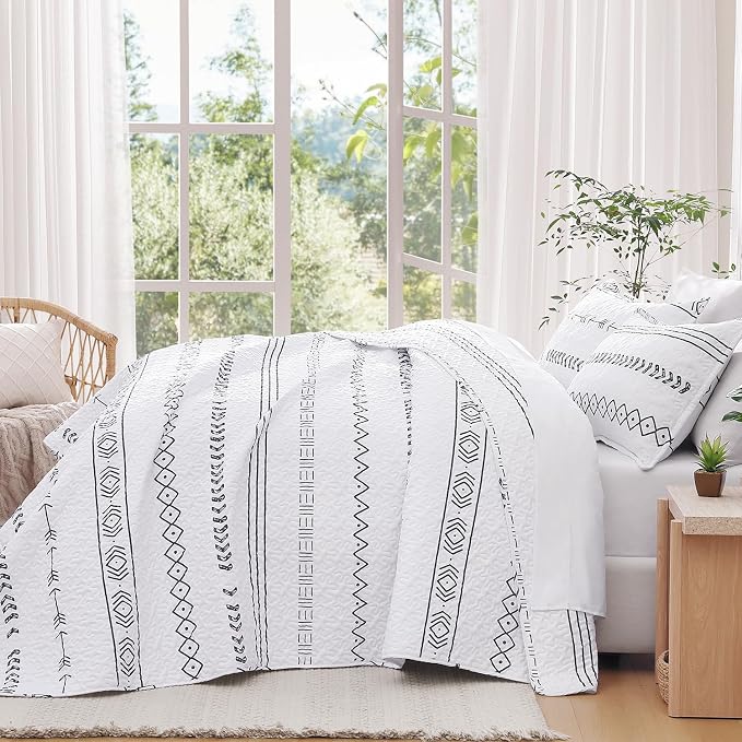 Andency White Quilts Queen Size, 3 Pieces Queen Quilt Bedding Set Boho - Image 7