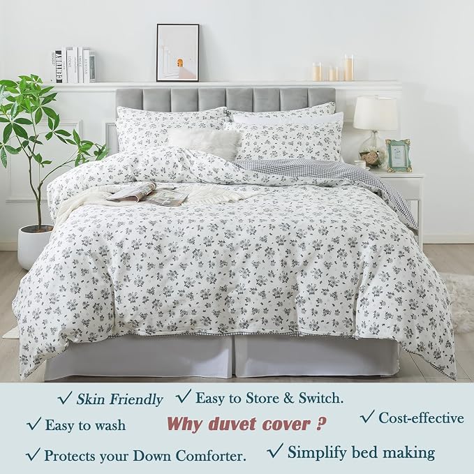 FADFAY Floral Duvet Cover Set Queen Size 100% Cotton Grey White Flower - Image 6