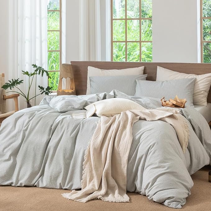 MooMee Striped Duvet Cover Set 100% Washed Cotton Linen Like Textured - Image 5