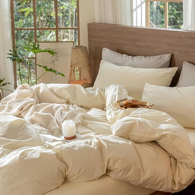 MooMee Wavy Striped Duvet Cover Set 100% Washed Cotton Linen Like Textured - Image 4