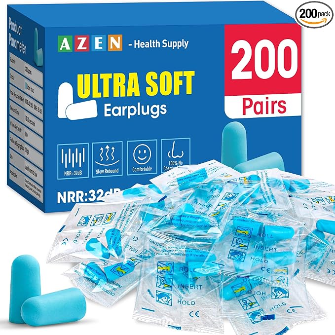 AZEN 200 Pairs Ear Plugs, NRR 32dB Soft Foam Ear Plugs by AZEN