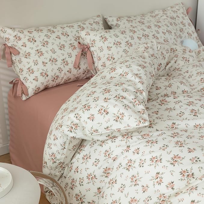 mixinni Vintage Style Girls Pale Pink Flower Pattern Duvet Cover Queen Soft by mixinni