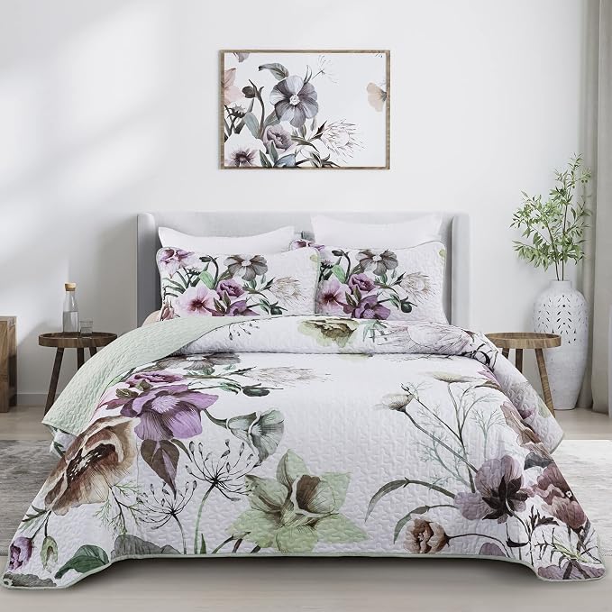 Floral Quilt Set King 3 Pieces Boho Green Quilt Coverlet Set Soft Microfiber by DRUCON