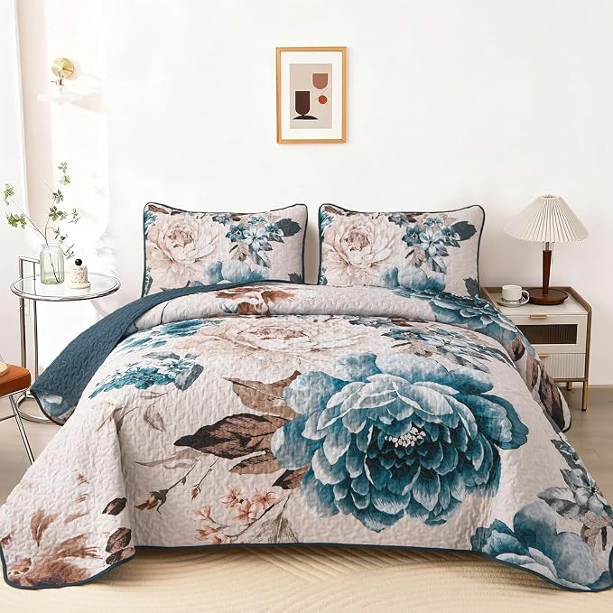 WONGS BEDDING Aqua Floral Quilt Set King, 3 Pieces Reversible Lightweight by WONGSBEDDING
