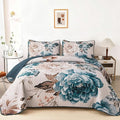 WONGS BEDDING Floral Quilt Set Aqua Queen, Quilted Printed Lightweight by WONGSBEDDING