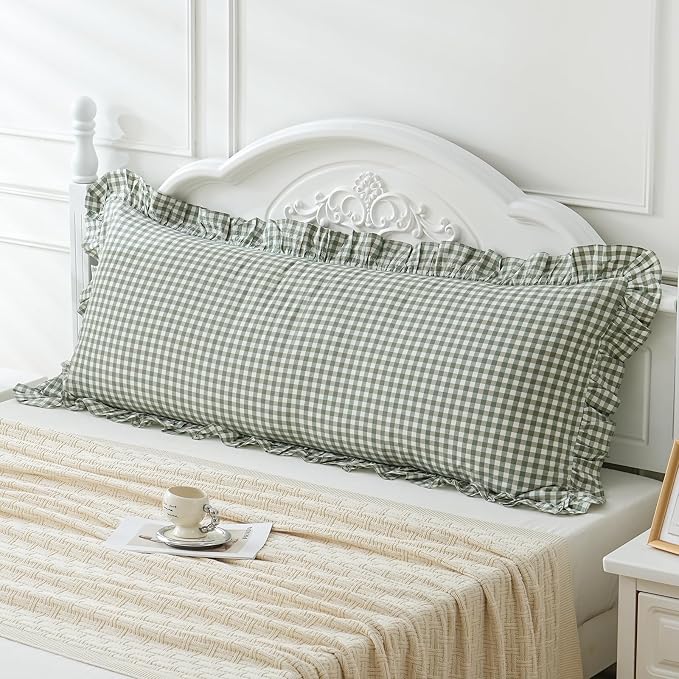 Green/White Plaid Ruffled Body Pillow Sham Washed Cotton Shabby Checkered by Qilunn