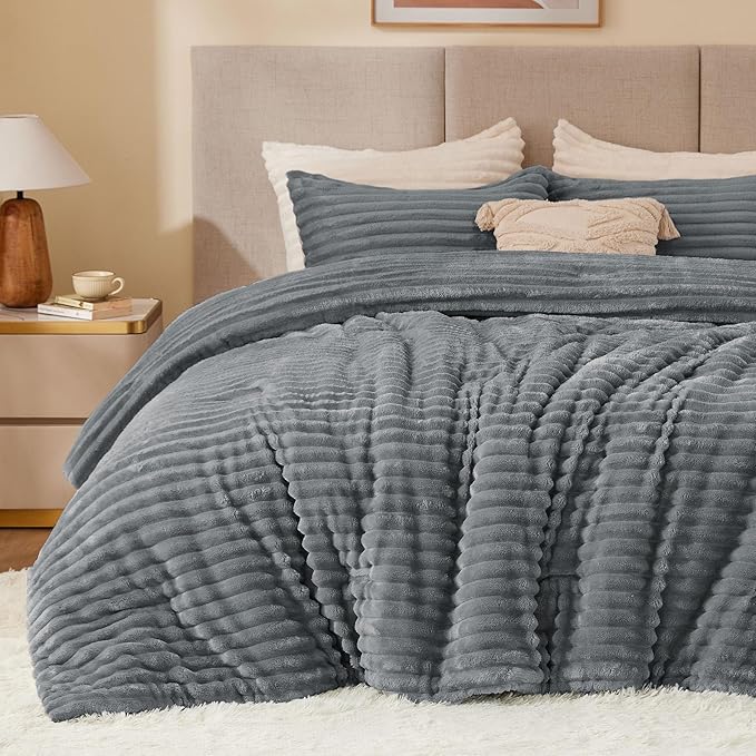 BEDELITE Fleece King Comforter Set -Super Soft & Warm Fluffy Grey Bedding by BEDELITE