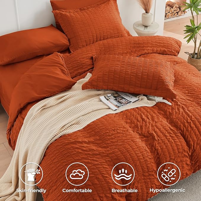 HYMOKEGE Burnt Orange Twin Comforter Set Seersucker 5 Pieces, All Season Luxury - Image 3