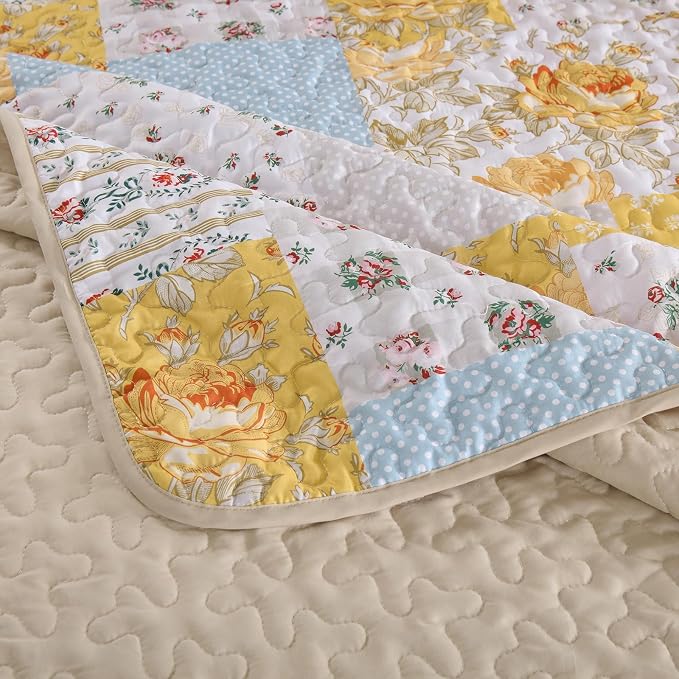 Anibedding Yellow Patchwork Quilt Set Queen Size Boho Floral Plaid Bedspread - Image 5
