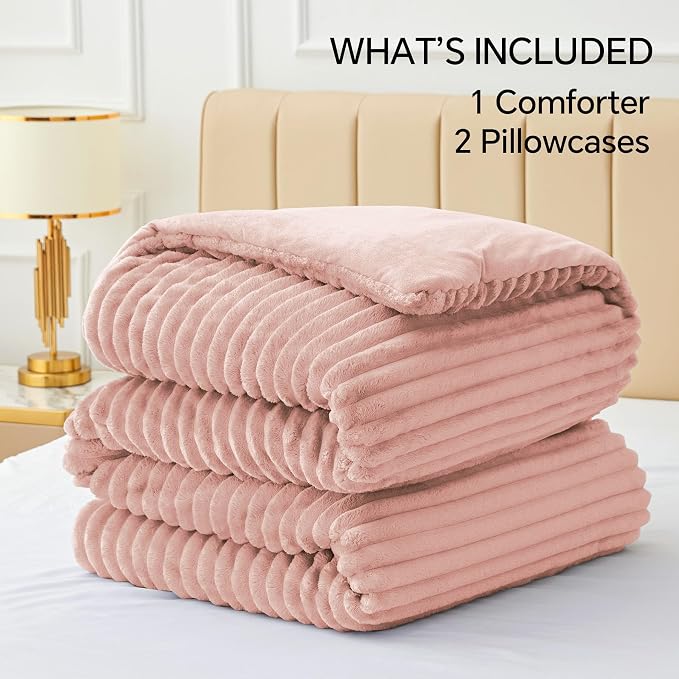 BEDELITE Fleece Full Comforter Set -Super Soft & Warm Fluffy Dusty Pink Bedding - Image 6